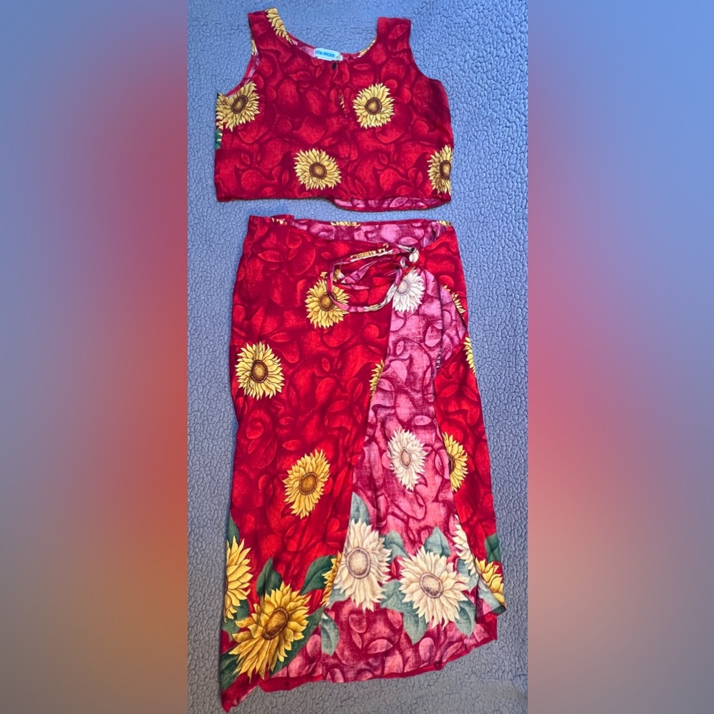 Vintage 1990s 2 Piece Skirt Set Womens Size Large Red And Yellow Sunflower